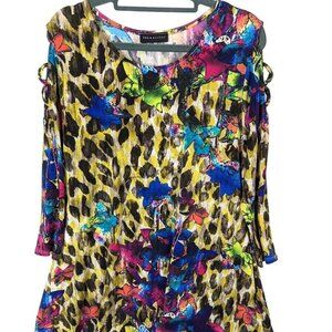 SEA & ANCHOR Tunic Dress Women Size L Side Pockets ¾ Peekaboo Sleeve Floral